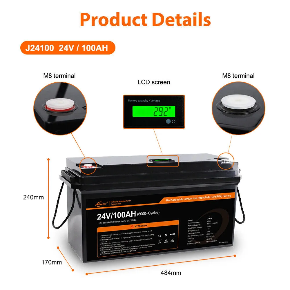 jsdsolar 24V 100Ah LiFePO4 Lithium Battery BMS Battery